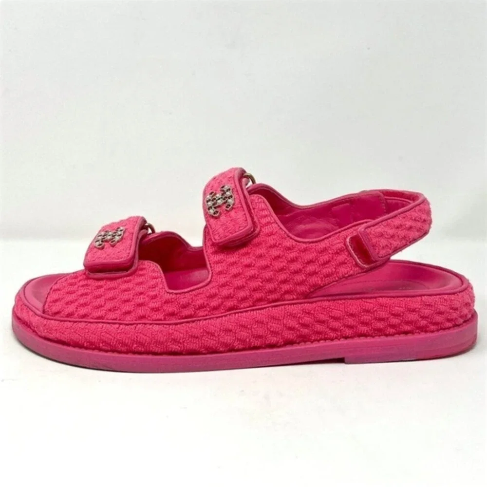 Chanel Pink Tweed CC Dad Flat Double‎ Strap Sandals 39 Karl Lagerfeld